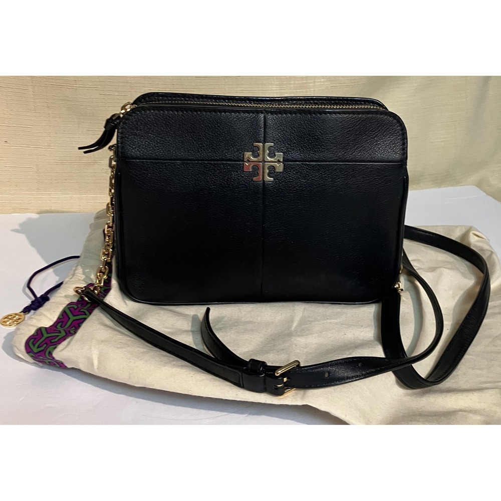 Tory Burch McGraw Camera Bag Women Small Black Excellent Pebbled Leather Logo